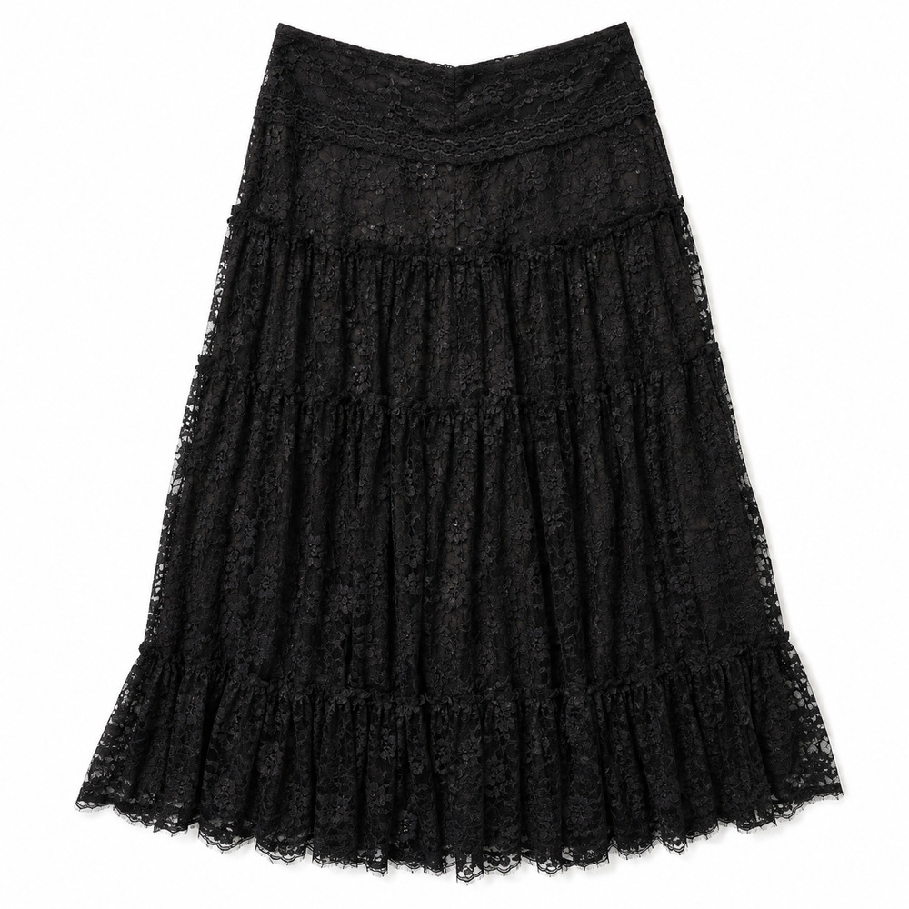 WD.NY Midi Skirt Womens Size 10 Black Tiered Lace Gothic Whimsigoth Witchy Vampy